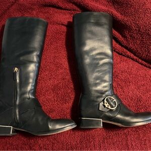 Tory Burch Black Leather Over-The-Calf Boots with Logo Buckle